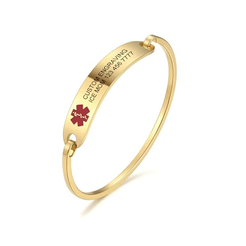 MOWOM Medical Alarm Stulpe Armreifen Armband Für Damen Mädchen Maßgeschneiderte Gravur Edelstahl Personalisierte Name ID Identifizierung Allergie Notfall - (Goldfarben, 60 Millimeter Durchmesser) von MOWOM Medical