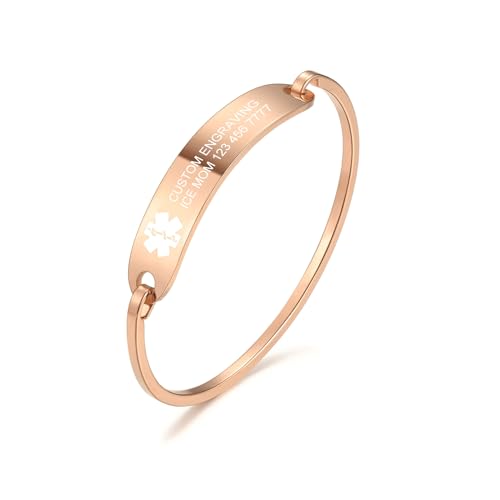 MOWOM Medical Alarm Stulpe Armreifen Armband Für Damen Mädchen Maßgeschneiderte Gravur Edelstahl Personalisierte Name ID Identifizierung Allergie Notfall - (Roségold Farbe, 60 Millimeter Durchmesser) von MOWOM Medical
