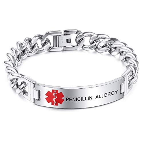 MOWOM Medical Alert Armband benutzerdefinierte Gravur, 7-9 Zoll, Identifizierung Allergie Leben Medic Name ID für Männer Frauen Edelstahlkette Armbänder - (Bundle mit Notfallkarte, Halter) von MOWOM Medical