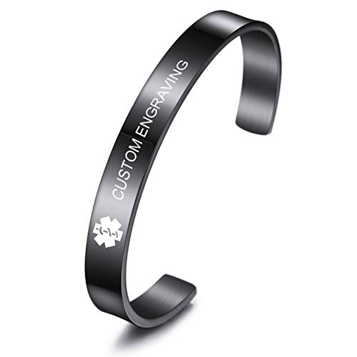 MOWOM Medical Benutzerdefinierte Gravierte Medizinische Notfall Alert Manschette Armreif Armband Name ID Identifikation für Frauen Mädchen Edelstahl - (Kleine Größen, Schwarz Farbe) von MOWOM Medical