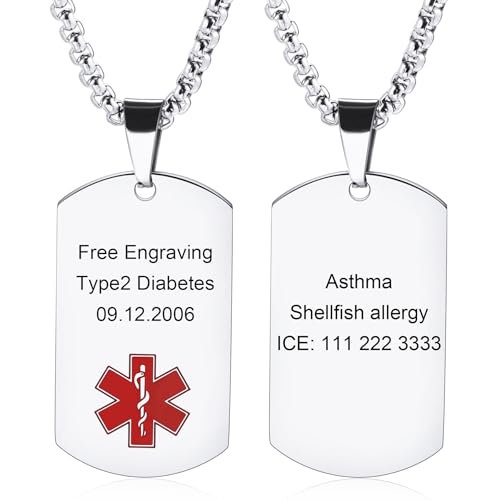 MOWOM Medical Personalisierte Halskette mit ID-Anhänger aus Edelstahl SOS Medizinische Notfallkette für Männer Frauen mit Notfallkarte - D1: Silver Vertikal von MOWOM Medical
