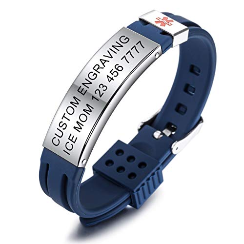 MOWOM Medical SOS Notfall Armband Personalisiertes Gravur Silikon Edelstahl Namensarmband Männer Damen Jungen Mädchen - Bündel mit Notfallkarte, Kartenhülle (Blau *Jetzt Anpassen*) von MOWOM Medical