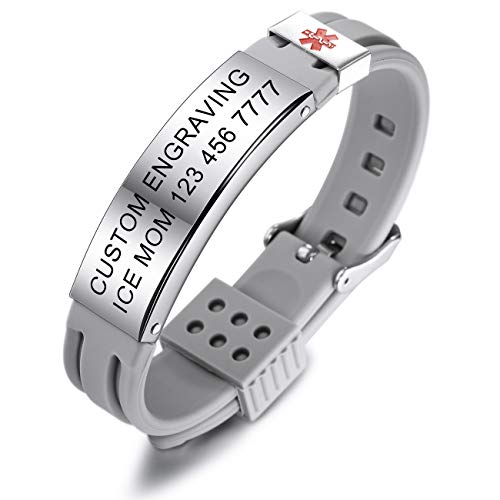 MOWOM Medical SOS Notfall Armband Personalisiertes Gravur Silikon Edelstahl Namensarmband Männer Damen Jungen Mädchen - Bündel mit Notfallkarte, Kartenhülle (Grau *Jetzt Anpassen*) von MOWOM Medical