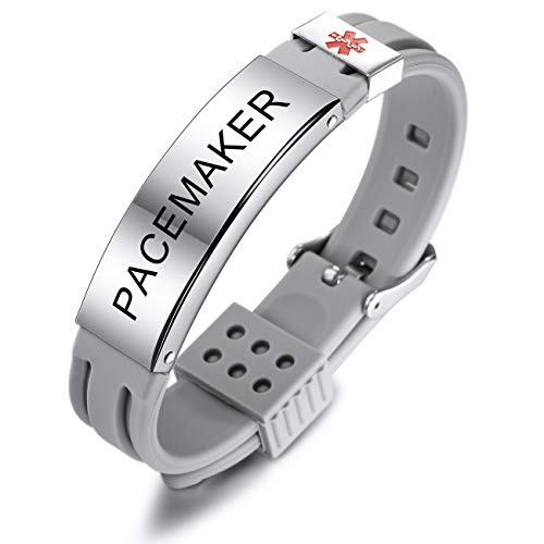 MOWOM Medical SOS Notfall Armband Personalisiertes Gravur Silikon Edelstahl Namensarmband Männer Damen Jungen Mädchen - Bündel mit Notfallkarte, Kartenhülle (Grau Pacemaker) von MOWOM Medical