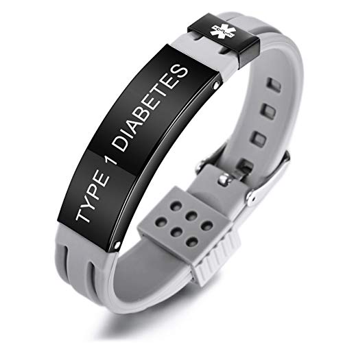 MOWOM Medical SOS Notfall Armband Personalisiertes Gravur Silikon Edelstahl Namensarmband Männer Damen Jungen Mädchen - Bündel mit Notfallkarte, Kartenhülle (Grau Type 1 Diabetes) von MOWOM Medical