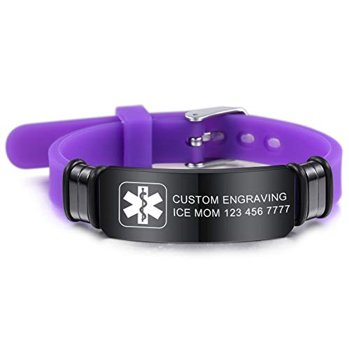 MOWOM Medical SOS Notfall Armband Personalisiertes Gravur Silikon Edelstahl Namensarmband Männer Damen Jungen Mädchen - Bündel mit Notfallkarte, Kartenhülle (Lila *Jetzt Anpassen*) von MOWOM Medical