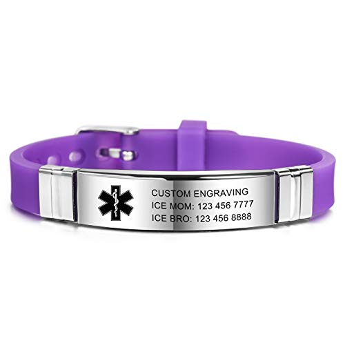 MOWOM Medical SOS Notfall Armband Personalisiertes Gravur Silikon Edelstahl Namensarmband Männer Damen Jungen Mädchen - Bündel mit Notfallkarte, Kartenhülle (Lila *Jetzt Anpassen*) von MOWOM Medical