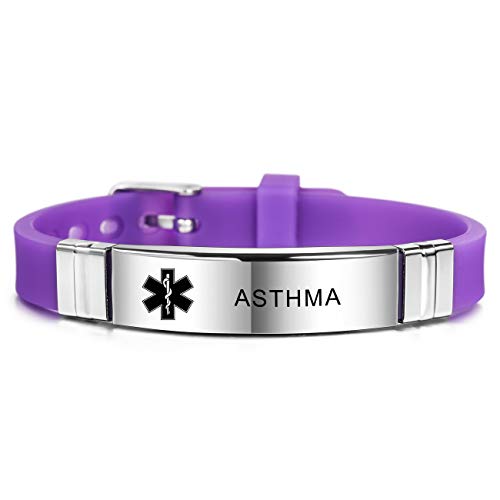 MOWOM Medical SOS Notfall Armband Personalisiertes Gravur Silikon Edelstahl Namensarmband Männer Damen Jungen Mädchen - Bündel mit Notfallkarte, Kartenhülle (Lila Asthma) von MOWOM Medical