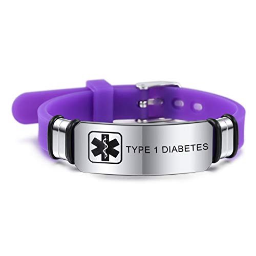 MOWOM Medical SOS Notfall Armband Personalisiertes Gravur Silikon Edelstahl Namensarmband Männer Damen Jungen Mädchen - Bündel mit Notfallkarte, Kartenhülle (Lila Type 1 Diabetes) von MOWOM Medical