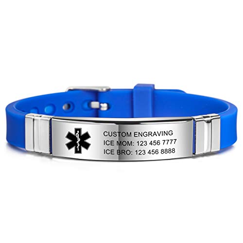 MOWOM Medical SOS Notfall Armband Personalisiertes Gravur Silikon Edelstahl Namensarmband Männer Damen Jungen Mädchen - Bündel mit Notfallkarte, Kartenhülle (Navy Blau *Jetzt Anpassen*) von MOWOM Medical