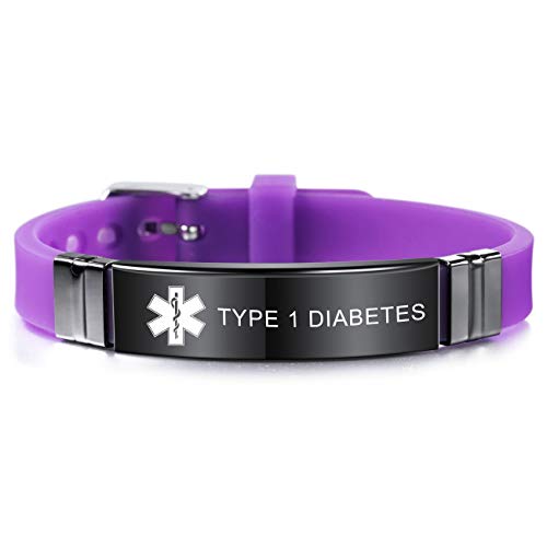 MOWOM Medical SOS Notfall Armband Personalisiertes Gravur Silikon Edelstahl Namensarmband Männer Damen Jungen Mädchen - Bündel mit Notfallkarte, Kartenhülle (Purple Type 7 Diabetes) von MOWOM Medical