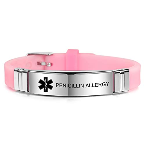 MOWOM Medical SOS Notfall Armband Personalisiertes Gravur Silikon Edelstahl Namensarmband Männer Damen Jungen Mädchen - Bündel mit Notfallkarte, Kartenhülle (Rosa Penicillin Allergy) von MOWOM Medical