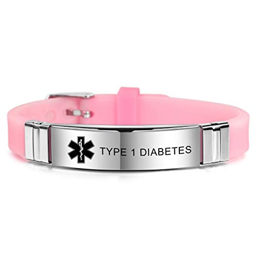 MOWOM Medical SOS Notfall Armband Personalisiertes Gravur Silikon Edelstahl Namensarmband Männer Damen Jungen Mädchen - Bündel mit Notfallkarte, Kartenhülle (Rosa Type 1 Diabetes) von MOWOM Medical