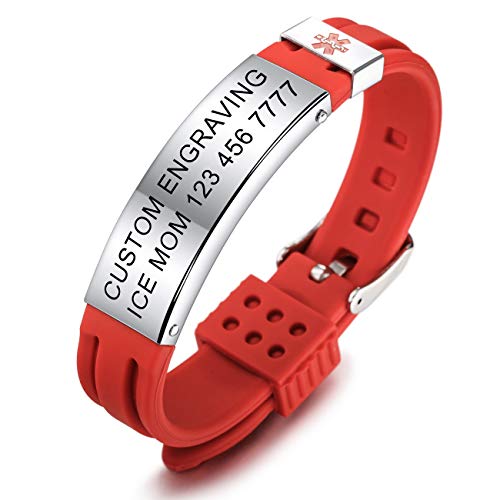 MOWOM Medical SOS Notfall Armband Personalisiertes Gravur Silikon Edelstahl Namensarmband Männer Damen Jungen Mädchen - Bündel mit Notfallkarte, Kartenhülle (Rot *Jetzt Anpassen*) von MOWOM Medical