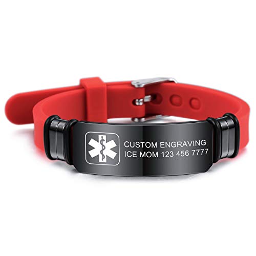 MOWOM Medical SOS Notfall Armband Personalisiertes Gravur Silikon Edelstahl Namensarmband Männer Damen Jungen Mädchen - Bündel mit Notfallkarte, Kartenhülle (Rot *Jetzt Anpassen*) von MOWOM Medical