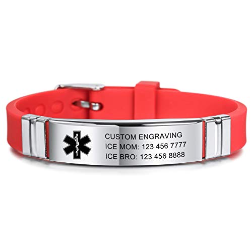 MOWOM Medical SOS Notfall Armband Personalisiertes Gravur Silikon Edelstahl Namensarmband Männer Damen Jungen Mädchen - Bündel mit Notfallkarte, Kartenhülle (Rot *Jetzt Anpassen*) von MOWOM Medical