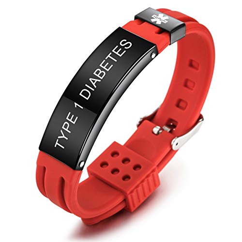 MOWOM Medical SOS Notfall Armband Personalisiertes Gravur Silikon Edelstahl Namensarmband Männer Damen Jungen Mädchen - Bündel mit Notfallkarte, Kartenhülle (Rot Type 1 Diabetes) von MOWOM Medical