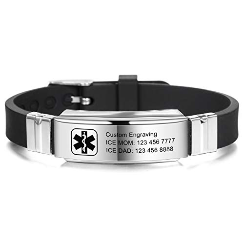 MOWOM Medical SOS Notfall Armband Personalisiertes Gravur Silikon Edelstahl Namensarmband Männer Damen Jungen Mädchen - Bündel mit Notfallkarte, Kartenhülle (Schwarz *Jetzt Anpassen*) von MOWOM Medical