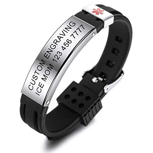 MOWOM Medical SOS Notfall Armband Personalisiertes Gravur Silikon Edelstahl Namensarmband Männer Damen Jungen Mädchen - Bündel mit Notfallkarte, Kartenhülle (Schwarz *Jetzt Anpassen*) von MOWOM Medical