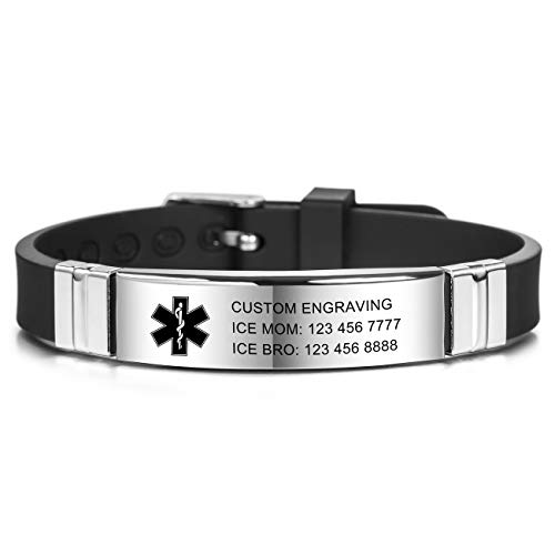 MOWOM Medical SOS Notfall Armband Personalisiertes Gravur Silikon Edelstahl Namensarmband Männer Damen Jungen Mädchen - Bündel mit Notfallkarte, Kartenhülle (Schwarz *Jetzt Anpassen*) von MOWOM Medical