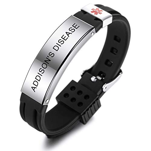 MOWOM Medical SOS Notfall Armband Personalisiertes Gravur Silikon Edelstahl Namensarmband Männer Damen Jungen Mädchen - Bündel mit Notfallkarte, Kartenhülle (Schwarz Addison's Disease) von MOWOM Medical