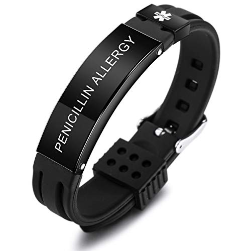 MOWOM Medical SOS Notfall Armband Personalisiertes Gravur Silikon Edelstahl Namensarmband Männer Damen Jungen Mädchen - Bündel mit Notfallkarte, Kartenhülle (Schwarz Penicillin Allergy) von MOWOM Medical