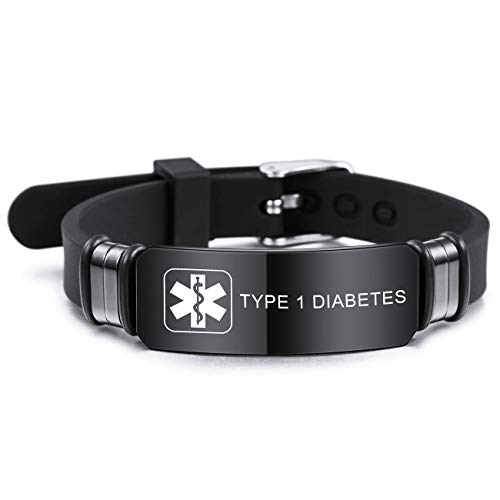 MOWOM Medical SOS Notfall Armband Personalisiertes Gravur Silikon Edelstahl Namensarmband Männer Damen Jungen Mädchen - Bündel mit Notfallkarte, Kartenhülle (Schwarz Type 1 Diabetes) von MOWOM Medical