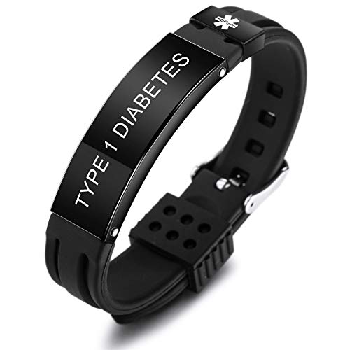 MOWOM Medical SOS Notfall Armband Personalisiertes Gravur Silikon Edelstahl Namensarmband Männer Damen Jungen Mädchen - Bündel mit Notfallkarte, Kartenhülle (Schwarz Type 1 Diabetes) von MOWOM Medical