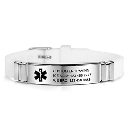 MOWOM Medical SOS Notfall Armband Personalisiertes Gravur Silikon Edelstahl Namensarmband Männer Damen Jungen Mädchen - Bündel mit Notfallkarte, Kartenhülle (Weiß *Jetzt Anpassen*) von MOWOM Medical