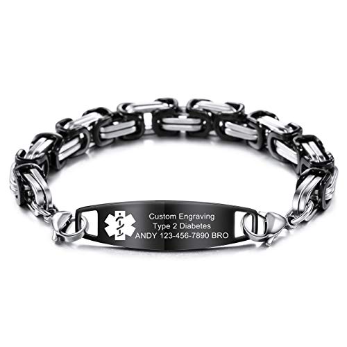 MOWOM Medical Warnen Armband Brauch Graviert Allergie Leben Identifizierung Name ID zum Männer Frauen Rostfreier Stahl Link (Stil19 - Schwarz Farbe Einfach Etikett & Silber Schwarz Farbe Königskette) von MOWOM Medical