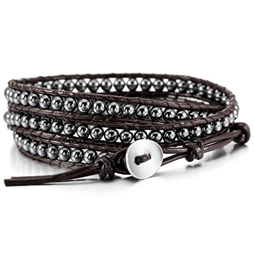 MOWOM Layered Bracelets für Frauen Männer Jungen Mädchen Echtes Leder Armband Seil Armreif Manschette Edelstein Perlen Geflochtenes Armband 3 Wickel Verstellbare Handgefertigte Achat Schmuck Geschenk von MOWOM