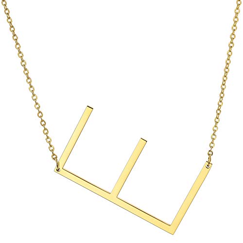 MOWOM Personalisierte große Anfangsbuchstabe Anhänger Halskette Benutzerdefinierte Gravur Name Datum für Frauen Mädchen Big Sideways Alphabet Bester Freund Brautjungfer Geschenk (Gold Buchstabe E) von MOWOM