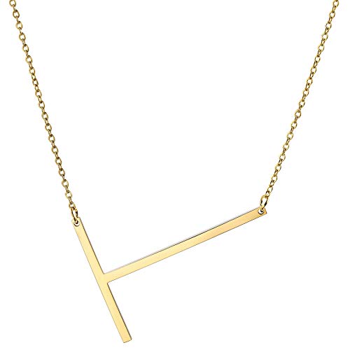 MOWOM Personalisierte große Anfangsbuchstabe Anhänger Halskette Benutzerdefinierte Gravur Name Datum für Frauen Mädchen Big Sideways Alphabet Bester Freund Brautjungfer Geschenk (Gold Buchstabe T) von MOWOM