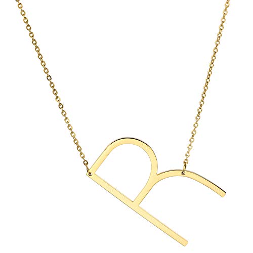 MOWOM Personalisierte große Anfangsbuchstabe Anhänger Halskette Benutzerdefinierte Gravur Name Datum für Frauen Mädchen Big Sideways Alphabet Bester Freund Brautjungfer Geschenk (Gold Buchstabe R) von MOWOM