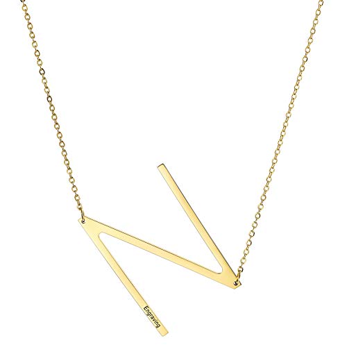 MOWOM Personalisierte große Anfangsbuchstabe Anhänger Halskette Benutzerdefinierte Gravur Name Datum für Frauen Mädchen Big Sideways Alphabet Bester Freund Brautjungfer Geschenk (Gold Buchstabe N) von MOWOM