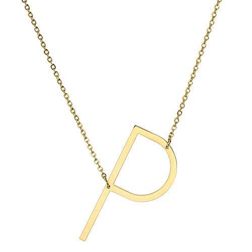 MOWOM Personalisierte große Anfangsbuchstabe Anhänger Halskette Benutzerdefinierte Gravur Name Datum für Frauen Mädchen Big Sideways Alphabet Bester Freund Brautjungfer Geschenk (Gold Buchstabe P) von MOWOM
