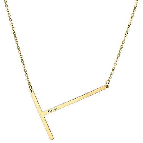 MOWOM Personalisierte große Anfangsbuchstabe Anhänger Halskette Benutzerdefinierte Gravur Name Datum für Frauen Mädchen Big Sideways Alphabet Bester Freund Brautjungfer Geschenk (Gold Buchstabe T) von MOWOM