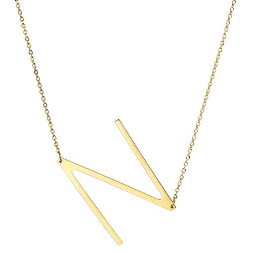 MOWOM Personalisierte große Anfangsbuchstabe Anhänger Halskette Benutzerdefinierte Gravur Name Datum für Frauen Mädchen Big Sideways Alphabet Bester Freund Brautjungfer Geschenk (Gold Buchstabe N) von MOWOM