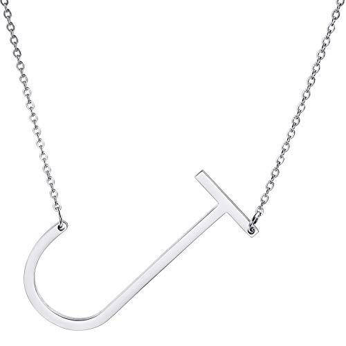 MOWOM Personalisierte große Anfangsbuchstabe Anhänger Halskette Benutzerdefinierte Gravur Name Datum für Frauen Mädchen Big Sideways Alphabet Bester Freund Brautjungfer Geschenk (Silber Buchstabe J) von MOWOM