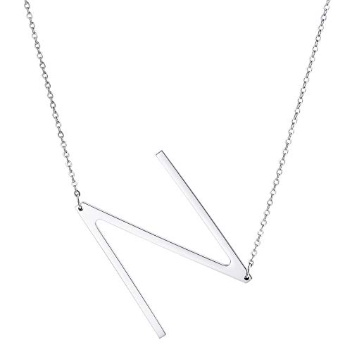 MOWOM Personalisierte große Anfangsbuchstabe Anhänger Halskette Benutzerdefinierte Gravur Name Datum für Frauen Mädchen Big Sideways Alphabet Bester Freund Brautjungfer Geschenk (Silber Buchstabe N) von MOWOM