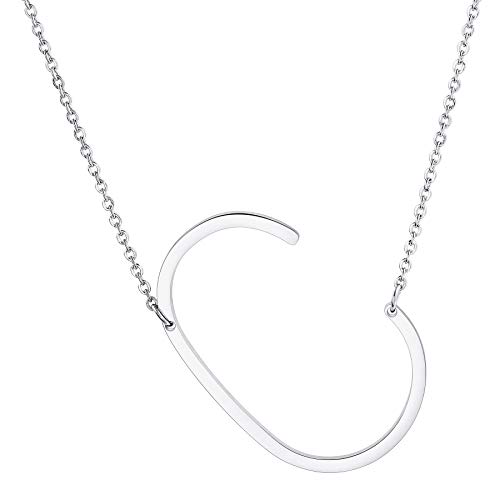 MOWOM Personalisierte große Anfangsbuchstabe Anhänger Halskette Benutzerdefinierte Gravur Name Datum für Frauen Mädchen Big Sideways Alphabet Bester Freund Brautjungfer Geschenk (Silber Buchstabe C) von MOWOM