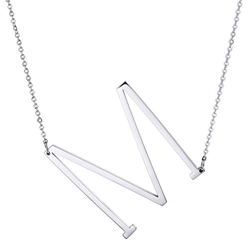 MOWOM Personalisierte große Anfangsbuchstabe Anhänger Halskette Benutzerdefinierte Gravur Name Datum für Frauen Mädchen Big Sideways Alphabet Bester Freund Brautjungfer Geschenk (Silber Buchstabe M) von MOWOM