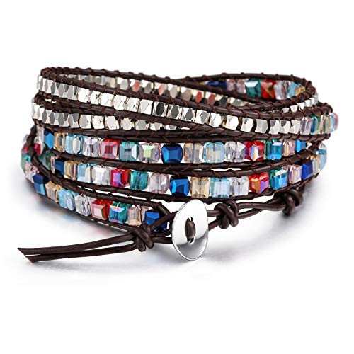 MOWOM geschichtete Armbänder für Frauen Männer Echtes Lederseil Armreif Manschette Schillernder Regenbogen Kristallglas CZ Edelstein Geflochtene 5 Wraps Verstellbares handgemachtes Schmuckgeschenk von MOWOM