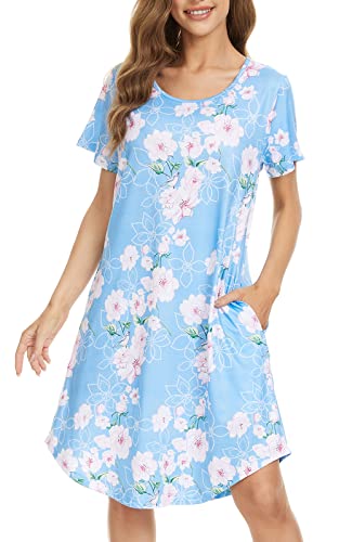 MOYEE Damen Nachtwäsche Kurzarm Nachthemd Baumwolle Schlafshirts Lounge Pyjama Kleid, Blau floral, XX-Large von MOYEE