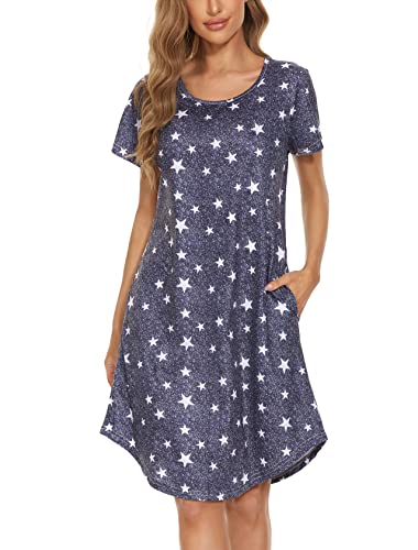 MOYEE Damen Nachtwäsche Kurzarm Nachthemd Baumwolle Schlafshirts Lounge Pyjama Kleid, Schwarzer Star, XX-Large von MOYEE