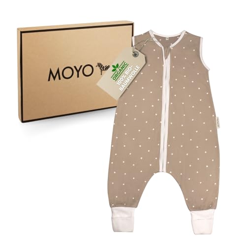 MOYO Baby Schlafsack mit Füßen I Taupe mit Tupfen I Atmungsaktiver Babyschlafsack 1.0 TOG in 90cm I Schlafsack mit Beinen aus 100% Bio-Baumwolle I GOTS-Sommerschlafsack für Babys & Kleinkinder von MOYO