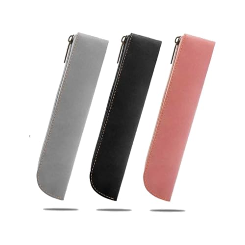 MOYWYCNO Pu Federmäppchen 3 Stück Lederne Stifttaschen, Mäppchen, Bleistift Organizer Schreibwarentasche tragbar schmal Stifteetui für Marker Make up（Grau,Rosa,Schwarz von MOYWYCNO
