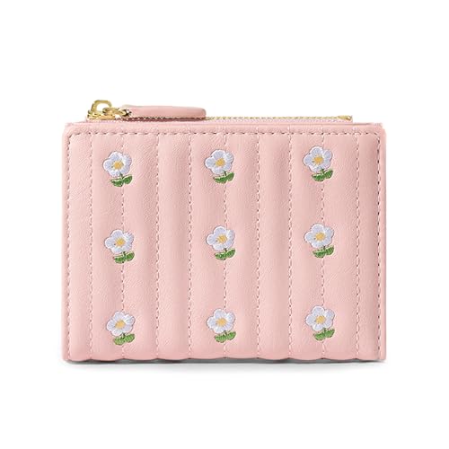 MOZXIRZ Frauen Mädchen Geldbörse Niedlich Kleine Brieftasche Blume PU Leder Geldbörse Bargeld Tasche Kartenhalter Münze Reißverschluss Tasche Kurze Brieftasche, 1-pink, Kleine süße Geldbörse von MOZXIRZ