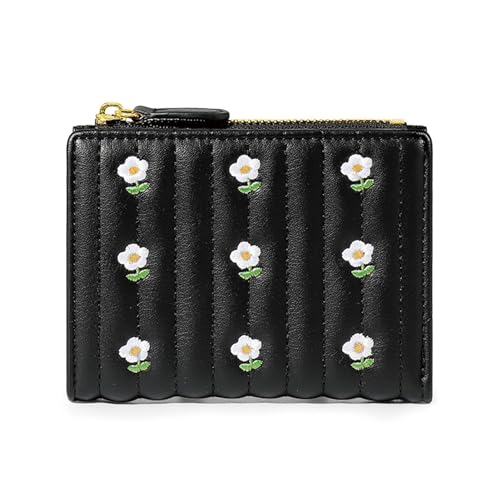 MOZXIRZ Frauen Mädchen Geldbörse Niedlich Kleine Brieftasche Blume PU Leder Geldbörse Bargeld Tasche Kartenhalter Münze Reißverschluss Tasche Kurze Brieftasche, 1-schwarz, Kleine süße Geldbörse von MOZXIRZ