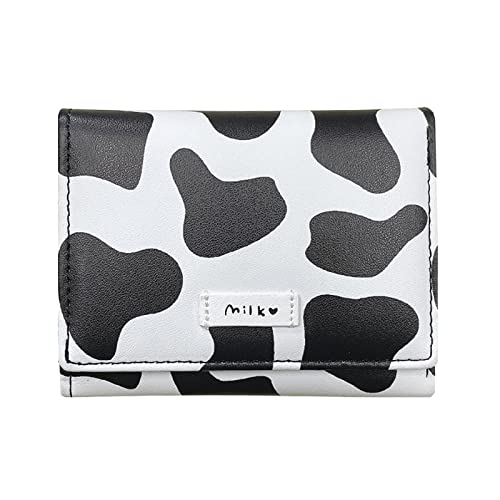 MOZXIRZ Frauen Mädchen Geldbörse Niedlich Kuh Print Tri-Fold Brieftasche PU Leder Geldbörse Schlank Kleine Kurze Brieftasche Cartoon Trifold Bargeld Kartenhalter Tasche, Schwarz - mit von MOZXIRZ